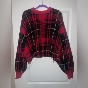 Plaid cropped heavy knit sweater